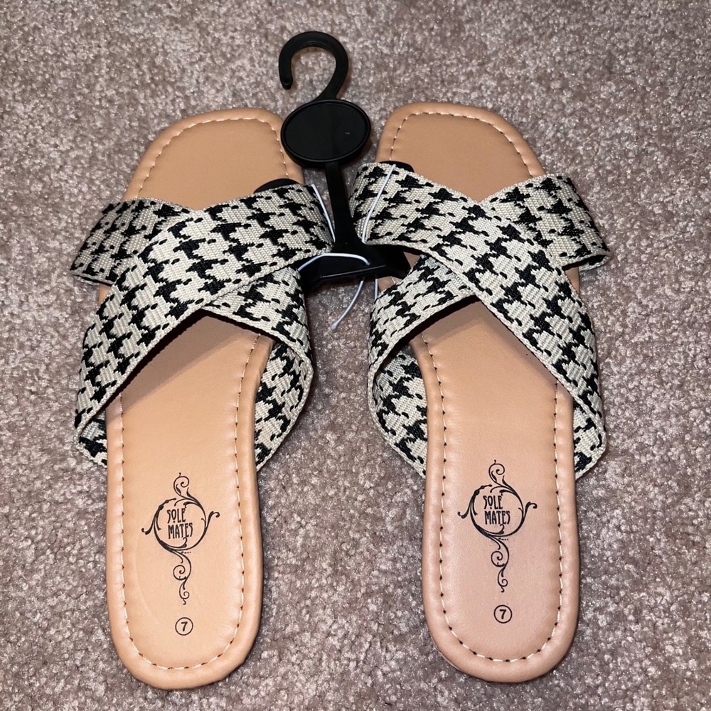 2 pair of Sole Mates W 7 Houndstooth Slide Sandals and 2ndBlue with faux buckle